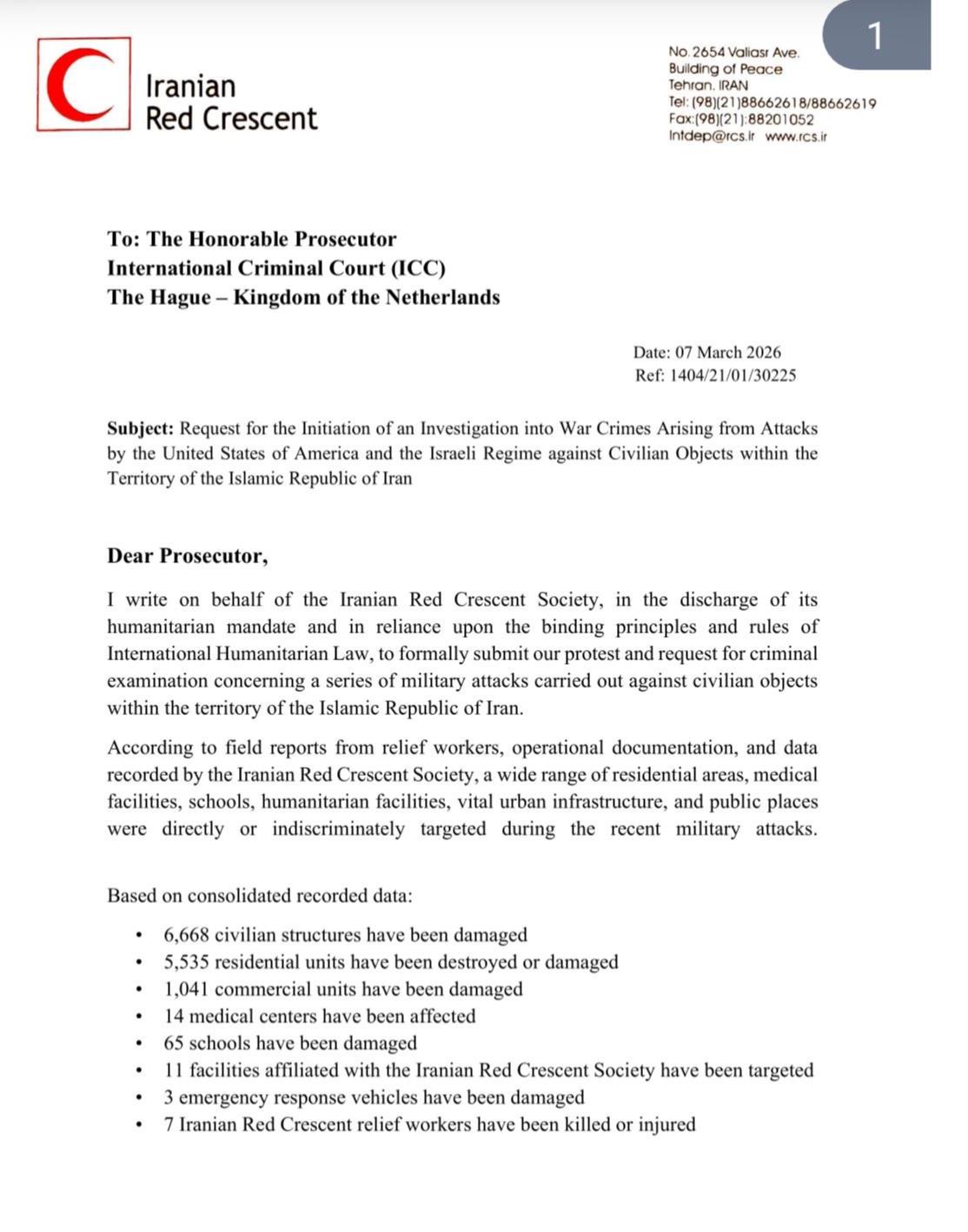 Iranian Red Crescent President Calls on ICC to Investigate Attacks on Civilian ‎Targets in Iran